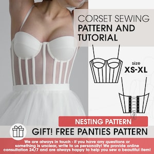 Corset crop top pdf pattern, wedding sewing digital patterns, cupped corset pattern with tutorial, printable wedding bustier pattern