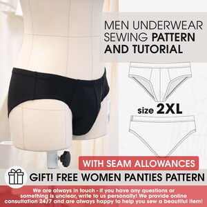 Könnte beinhalten: Schwarze Unterwäsche auf einer Schneiderpuppe. Das Bild enthält den Text "MEN UNDERWEAR SEWING PATTERN AND TUTORIAL" und "GIFT! FREE WOMEN PANTIES PATTERN". Die Größe ist 2XL. Eine Diagramm der Unterwäsche ist ebenfalls enthalten.