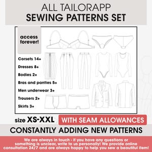 Op de afbeelding: Een witte afbeelding met de tekst "ALL TAILORAPP SEWING PATTERNS SET" en illustraties van kledingstukken. De afbeelding bevat tekst zoals "Corsets 14+", "Dresses 8+" en "size XS-XXL".