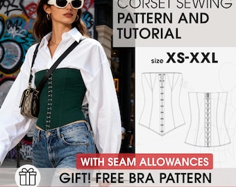 Patrón de costura de corsé informal, plantilla DIY de top de corsé de encaje con tutorial, patrón imprimible de costura de bustier histórico, corsé largo PDF