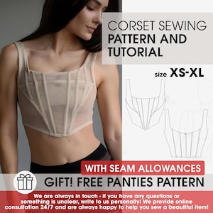 Pode incluir: Um top de corpete bege com decote quadrado é mostrado. A imagem inclui um padrão de costura e o texto "CORSET SEWING PATTERN AND TUTORIAL" e "tamanho XS-XL". A imagem também inclui o texto "GIFT! FREE PANTIES PATTERN".