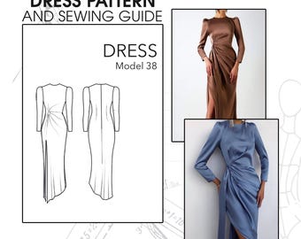 Patrón de costura para vestido XS S M con mangas abullonadas, patrón digital para vestido asimétrico con abertura en la pierna, patrón PDF para vestido de fiesta modesto con mangas fruncidas