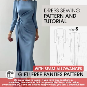 May include: A light blue satin dress with long sleeves and a side slit. The image includes a dress sewing pattern and tutorial, size S, with seam allowances. The text also mentions a free panties pattern.