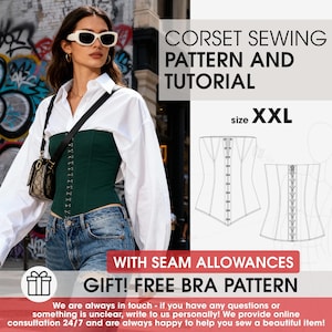 Puede incluir: Un patrón de costura de corsé y tutorial en talla XXL, que muestra un corsé verde oscuro con cierre de corchetes en la parte delantera. La imagen incluye un dibujo técnico del corsé, el texto "CORSET SEWING PATTERN AND TUTORIAL" y "WITH SEAM ALLOWANCES GIFT! FREE BRA PATTERN."