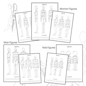 ファッションPDFスケッチブックテンプレート、ファッションテーラーアート、服飾デザイナーツール、ファッションフィギュアポーズ、ファッションデザインアイデアのスケッチ