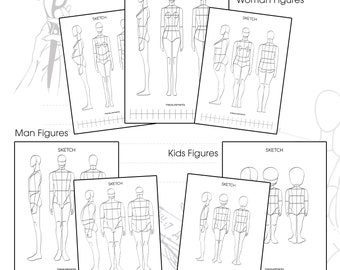 Fashion PDF sketchbook template, fashion tailor art, clothing designer tool, fashion figure pose, sketching fashion design ideas