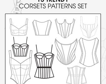 XS-XL sizes 13 corsets sewing pattern bulk set, underbust wedding corset patterns, longline corset digital pattern, elegant bustier pattern