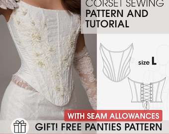 May include: A white corset with detailed floral embroidery and pearl embellishments. The image features a line drawing of the corset and text stating "CORSET SEWING PATTERN AND TUTORIAL" and "GIFT! FREE PANTIES PATTERN".