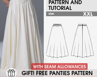 May include: A sewing pattern and tutorial for a floor-length cream-colored skirt in size XXL. The image displays the finished skirt, a technical line drawing of the front and back, and text stating SKIRT SEWING PATTERN AND TUTORIAL WITH SEAM ALLOWANCES.