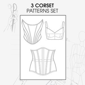 XS-XL three corsets sewing patterns set, wedding corset patterns pdf, sexy corset digital pattern, elegant bodice bustier pattern