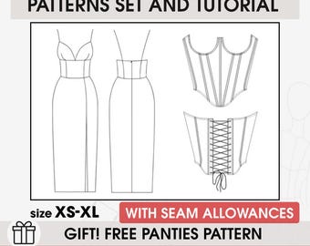 XS-XL Sizes Leg Slit Dress and Corset Sewing Pattern Set (Digital Pattern)