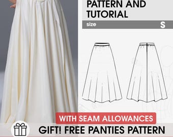 May include: A white floor-length skirt with a fitted waist and pleated design. The image includes text reading SKIRT SEWING PATTERN AND TUTORIAL, size S, WITH SEAM ALLOWANCES, and GIFT! FREE PANTIES PATTERN, alongside a line drawing of the skirt.