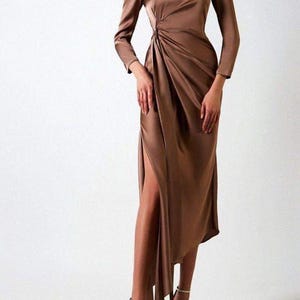 M size autumn leg slit gown pattern, draperied dress sewing pattern, asymmetrical dress tutorial, boat neckline dress printable pattern image 2