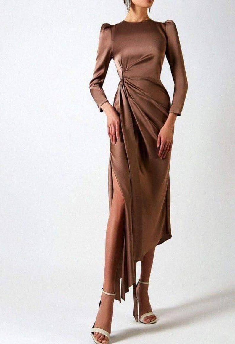 M size autumn leg slit gown pattern, draperied dress sewing pattern, asymmetrical dress tutorial, boat neckline dress printable pattern image 2