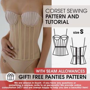 Pode incluir: Um espartilho bege com um design estruturado, com um top estilo bustier e barbatanas verticais. A imagem inclui um padrão de costura e o texto "CORSET SEWING PATTERN AND TUTORIAL" e "GIFT! FREE PANTIES PATTERN". O tamanho é indicado como "S".