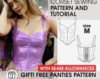Overbust M size corset pattern, princess wedding corset full sewing guide, corset with cups sewing pattern, lacing romanic bodice pattern