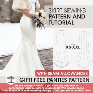 Peut inclure: Une jupe de mariée blanche avec une silhouette sirène, associée à une étole en fausse fourrure et un bouquet de fleurs blanches. L'image comprend un patron de couture de jupe et un tutoriel, tailles XS-XXL, et un patron de culotte gratuit.