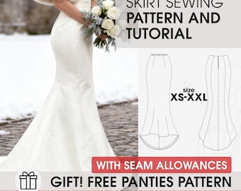 XS-XXL size wedding skirt with train sewing pattern and full tutorial