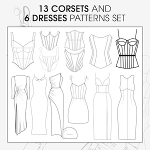 Corsets and dresses sewing pattern bulk set, wedding corsets patterns pdf, longline corset digital pattern, elegant prom bridal gown pattern