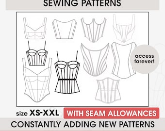 May include: A graphic featuring multiple corset sewing patterns. Text at the top reads "ALL TAILORAPP CORSETS (10+) SEWING PATTERNS." The size range is XS-XXL. The image also includes the text "WITH SEAM ALLOWANCES" and "CONSTANTLY ADDING NEW PATTERNS."
