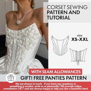 Puede incluir: Un corsé blanco con intrincados bordados florales blancos y adornos de perlas. La imagen incluye el texto: CORSET SEWING PATTERN AND TUTORIAL, size XS-XXL, WITH SEAM ALLOWANCES, GIFT! FREE PANTIES PATTERN y un dibujo lineal del corsé.