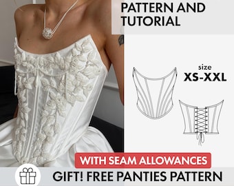 Patrón de costura de corsé vasco de cintura alta, corpiño largo sin tirantes con punta, tutorial para bodas (XS-XXL)