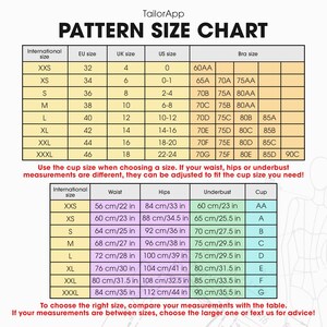 The image is a pattern size chart that provides measurements for various cup sizes based on waist, hips, and bust measurements. It includes a table with international cup sizes and corresponding measurements, as well as a separate cup size chart that allows users to compare their measurements with the table to choose the right cup size.