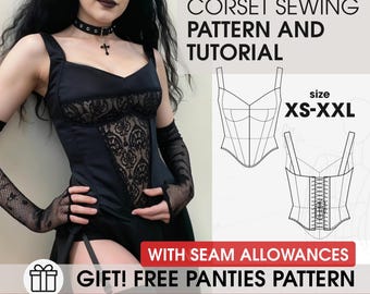 Sheer gothic corset pattern, vampire victorian corset sewing tutorial, cosplay black corset top digital pattern, XS-XXL size overbust corset