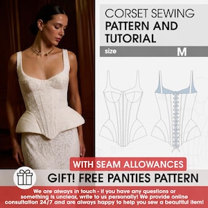 Puede incluir: Un patrón de costura de corsé y tutorial en talla M, que presenta un corsé de encaje blanco con peplum en la cintura. El archivo digital incluye dibujos técnicos de las vistas frontal y trasera, con cierre de cordones y márgenes de costura.