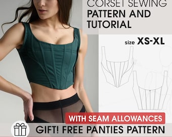 Puede incluir: Un top tipo corsé de color verde oscuro con escote cuadrado y paneles verticales. La imagen incluye el texto: CORSET SEWING PATTERN AND TUTORIAL, size XS-XL, WITH SEAM ALLOWANCES, GIFT! FREE PANTIES PATTERN y un dibujo técnico.