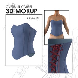 May include: A blue overbust corset with a lace-up back. The corset is made of a textured fabric and has a smooth, clean finish. The corset is shown in a 3D mockup.
