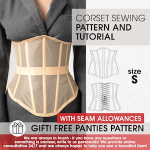 Patrón de corsé bajo busto talla S con márgenes de costura, guía de costura completa de corsé de moda en PDF, patrón de costura para mujer en PDF, patrón de corsé clásico