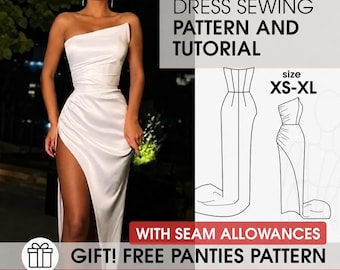 May include: A white one-shoulder dress with a high side slit and ruched waist detail. The image includes text reading DRESS SEWING PATTERN AND TUTORIAL, size XS-XL, WITH SEAM ALLOWANCES, and GIFT! FREE PANTIES PATTERN, alongside a line drawing.