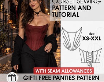 May include: A digital sewing pattern for a strapless corset top, featuring text that reads CORSET SEWING PATTERN AND TUTORIAL, size XS-XXL, WITH SEAM ALLOWANCES, and GIFT! FREE PANTIES PATTERN, alongside technical line drawings of the corset design.