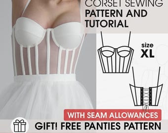 Corset Sewing Pattern, PDF Bustier Corset with Cups Tutorial, Size XL, Digital Download for Beginners