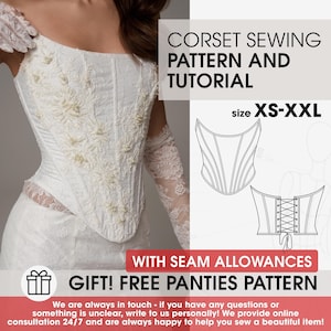May include: A white corset with intricate floral embroidery and pearl accents. The image includes a diagram of the corset and text that reads "CORSET SEWING PATTERN AND TUTORIAL" and "GIFT! FREE PANTIES PATTERN". Sizes XS-XXL are available.