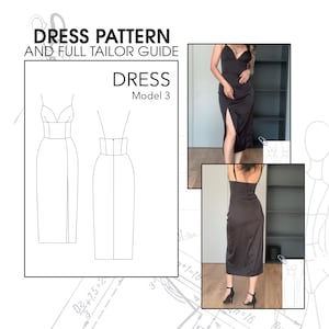 XS-M leg slit silk prom dress sewing pattern, cupped top tea length dress digital pattern, deep v cut sleeveless midi dress PDF pattern