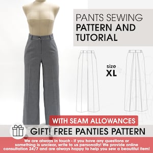 Puede incluir: Pantalones grises de pierna ancha en un maniquí, con un patrón de costura y un tutorial. El texto dice "Pants Sewing Pattern and Tutorial" y "Gift! Free Panties Pattern". La talla es XL.
