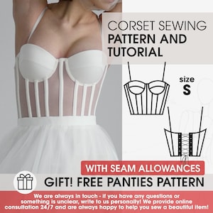 Pode incluir: Padrão e tutorial de costura de espartilho branco. A imagem mostra um espartilho branco com painéis verticais transparentes e uma saia de tule. O texto diz "CORSET SEWING PATTERN AND TUTORIAL" e "GIFT! FREE PANTIES PATTERN". Inclui tamanho S.