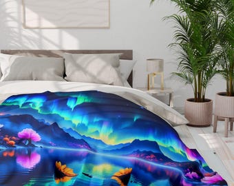 Aurora Borealis Landscape Arctic Fleece Blanket | Northern Lights Lake Scene