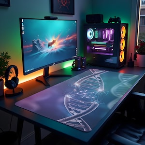 Pode incluir: Uma configuração de jogos com um monitor grande exibindo uma paisagem vibrante, uma torre de computador preta com iluminação laranja e roxa e um mousepad com tema de DNA. Fones de ouvido e um controlador também são visíveis.