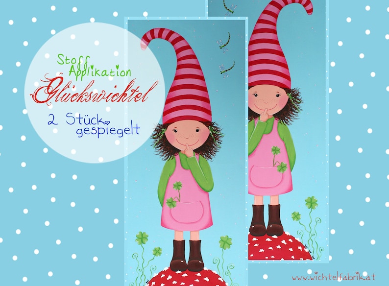 Wichtel Stoffstück Mädchen türkis-pink Doppelstück gespiegelt Glückswichtel Stoffpanel Wichtelfabrik Bild 1