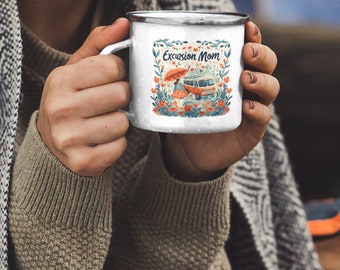 Camp mug 12 oz, "Excursion mom", Cute enamel mug, camping mug, adventure, coffee tee outdoors, gift, whimsical, illustrated cup