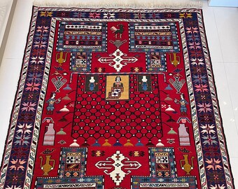 Alfombra de lana hecha a mano para sala de estar, Tribal Soumak Kilim, alfombra kilim caucásica hecha a mano, alfombra con patrón de animales, alfombra boho, decoración del hogar 5 x 6,8 pies