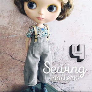 May include: A doll wearing a floral print top and gray overalls with suspenders. The doll is standing on a book, with the text "Sewing pattern" and the number "4" in the background. The bottom of the image has the text "MOSHI-MOSHI DIGITAL DOWNLOAD".