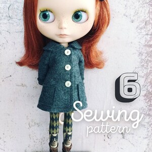 May include: A digital sewing pattern for a doll coat and leggings. The doll is wearing a green coat with white buttons and black and white diamond patterned leggings. The text "6 Sewing pattern" is in the image.