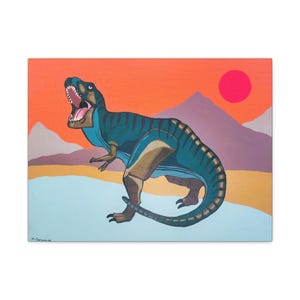 Impression sur toile d&#39;art de dinosaure, décoration murale colorée, oeuvre d&#39;art pour chambre d&#39;enfant, cadeau thème jurassique, décoration de salle de jeux, oeuvre d&#39;art T-Rex