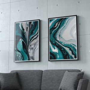 Set of 2 Modern Abstract Wall Art Prints, Aqua Teal Melted Marble Contemporary Downloadable Home Decor, Turquoise and Silver Printable PDF