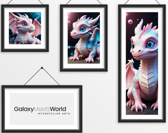 Set of 3 Magical Baby Dragons 3D Render Printable Wall Art • Pink Blue and White Cute Dragons • Baby Dragon Art • Instant Download PNG PDF