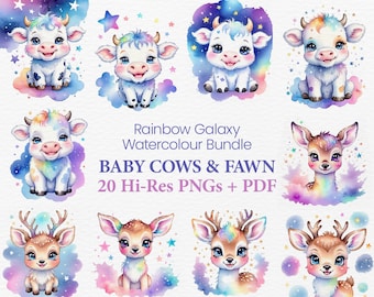 Rainbow Galaxy Watercolour Animals Clipart Bundle: Cute Baby Cows, Deer Fawn, Watercolor Digital Art, Transparent PNG, PDF Instant Download